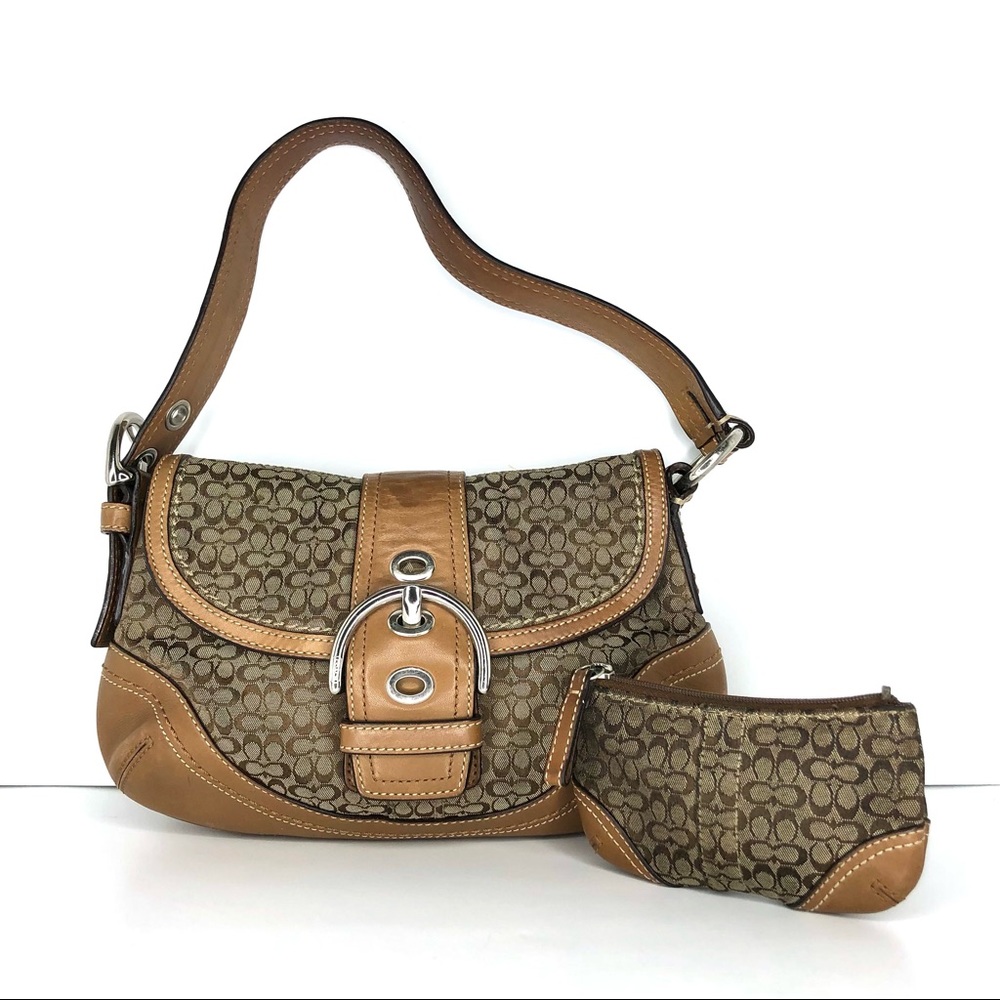 Coach Soho Tan Signature Jacquard Flap Shoulder Bag with Coin Purse F10925